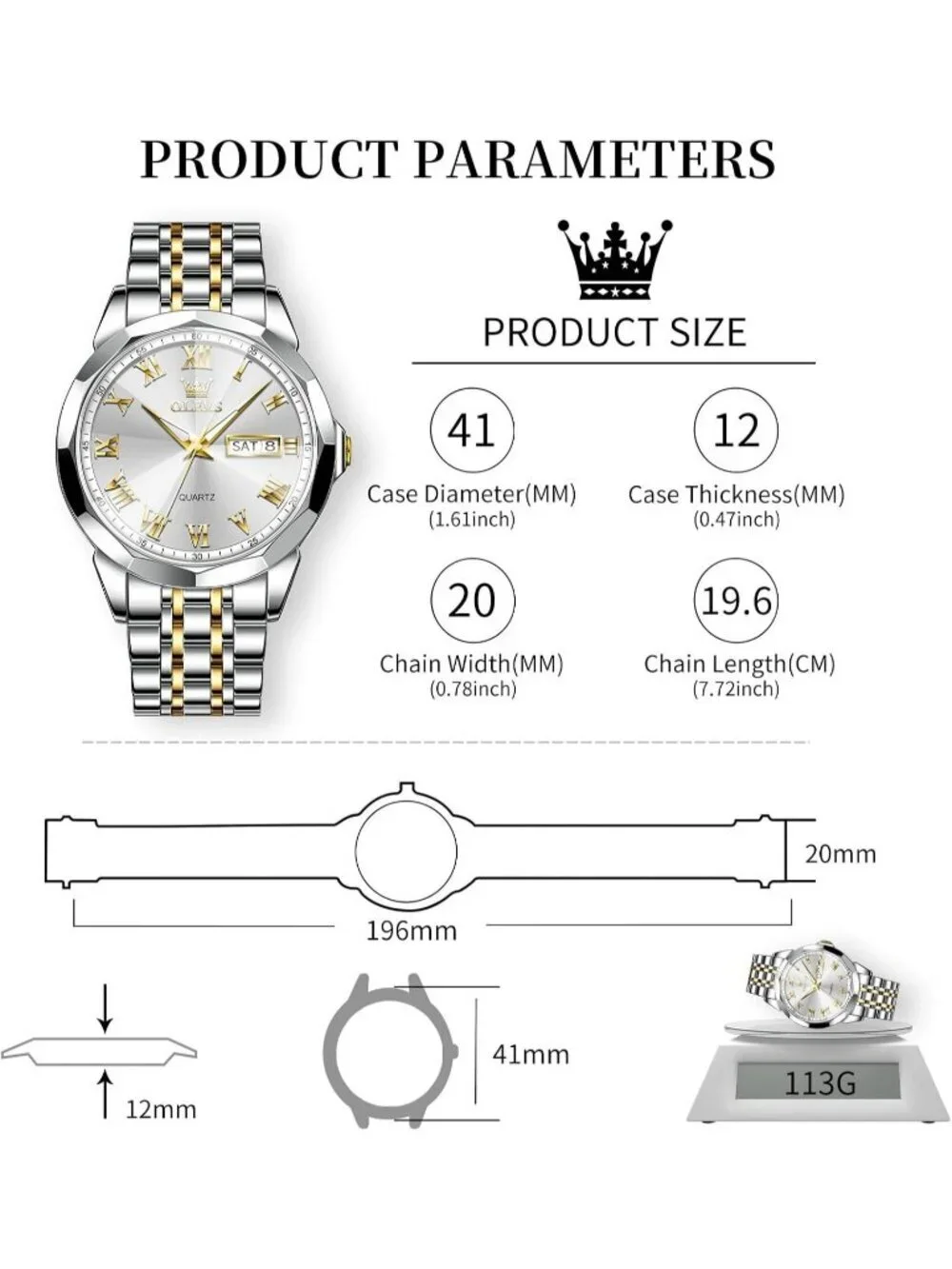Mens Silver Gold Analog Quartz Numerals Classic Luxury Luminous Waterproof Watch